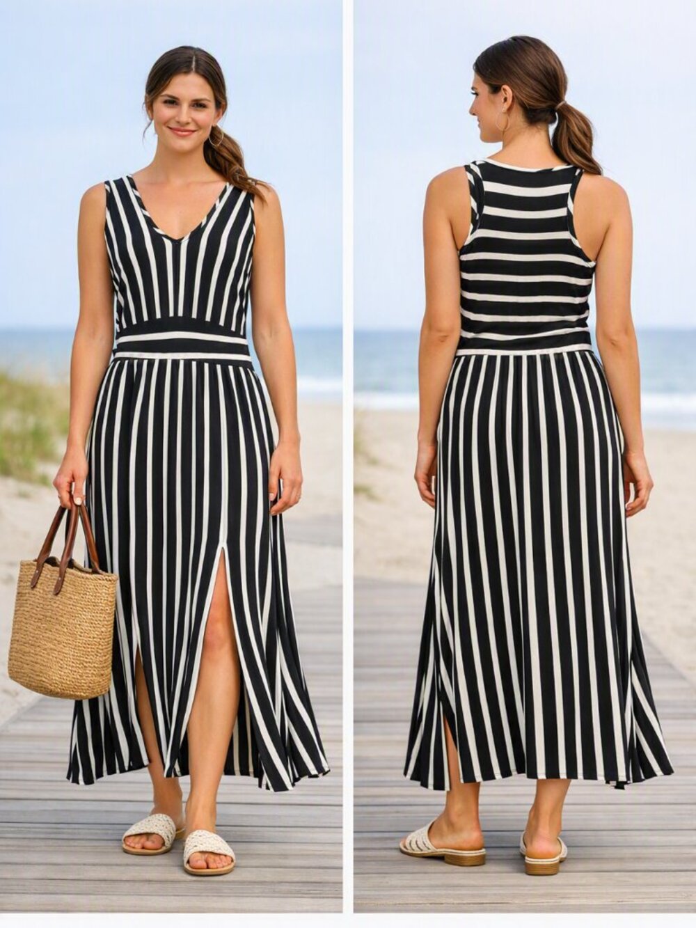 Pinc Gray and Cream Striped Sleeveless Casual Maxi Dress with Long Slits Size M